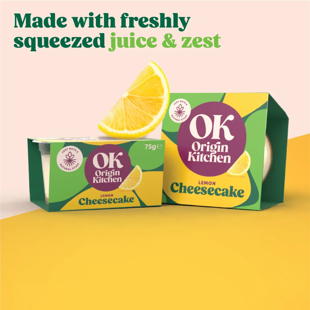 Packaged Origin Kitchen healthy, natural, low sugar, high fibre cheesecakes with lemon wedge