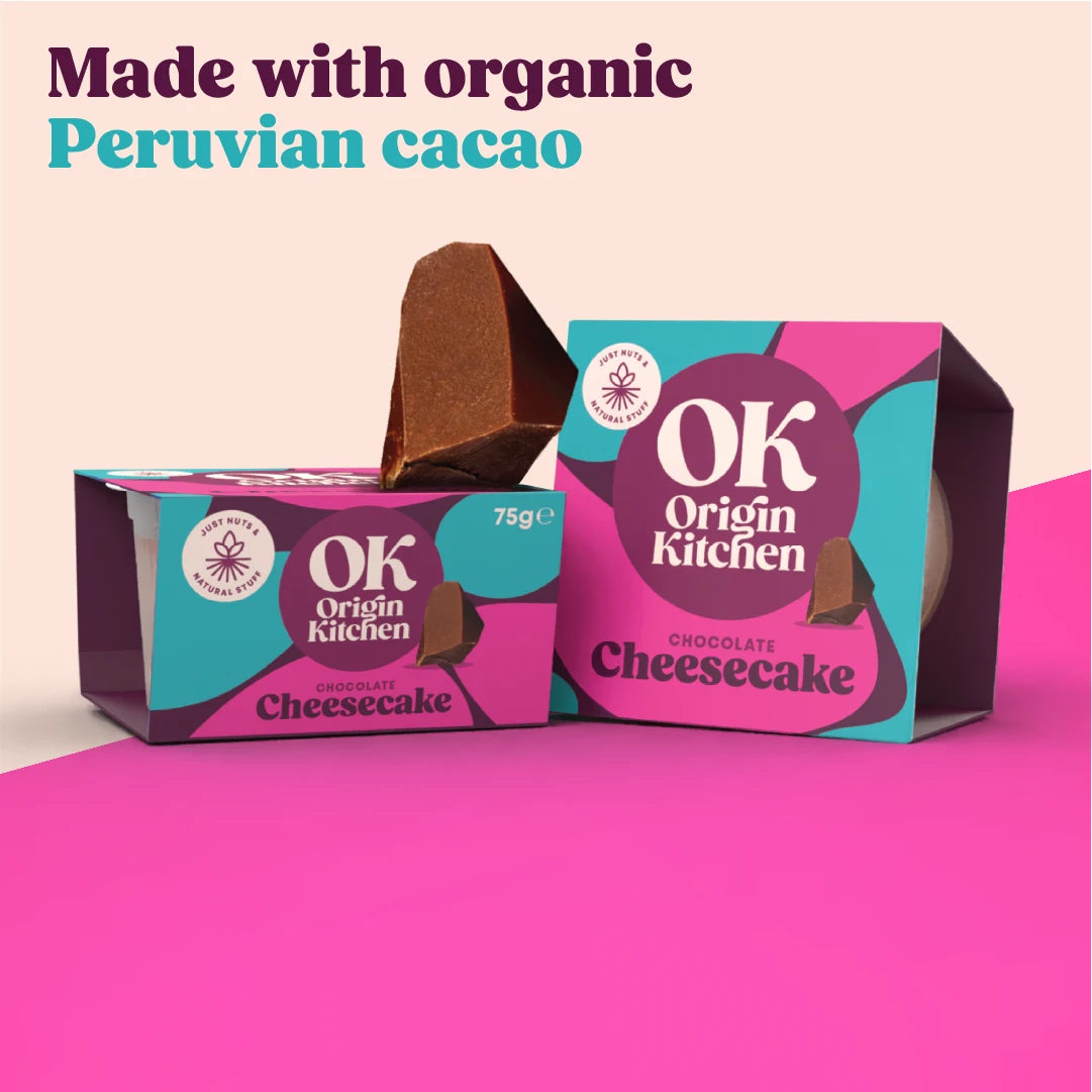 Packaged Origin Kitchen healthy, natural, low sugar, high fibre cheesecakes with raw cacao chocolate