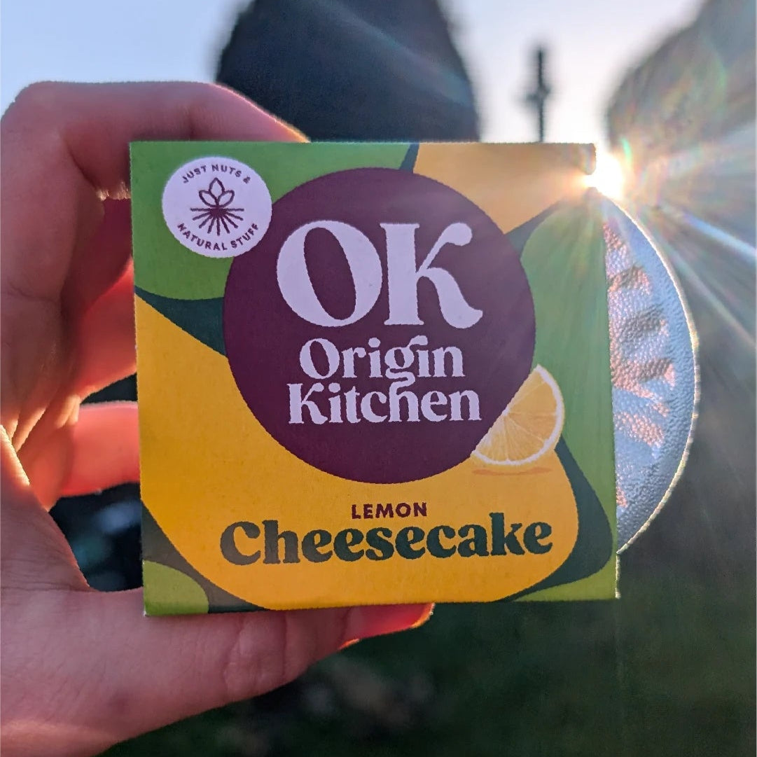 Packaged Origin Kitchen healthy, natural, low sugar, high fibre cheesecakes with sunlight