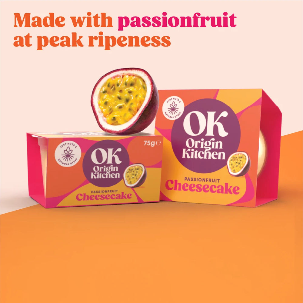 
                  
                    Packaged Origin Kitchen healthy, natural, low sugar, high fibre cheesecakes with half passionfruit
                  
                