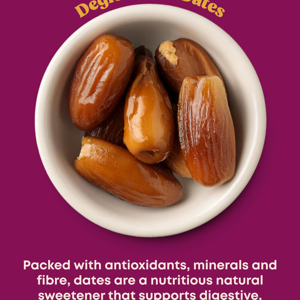 A small white bowl of dates and description of health benefits.