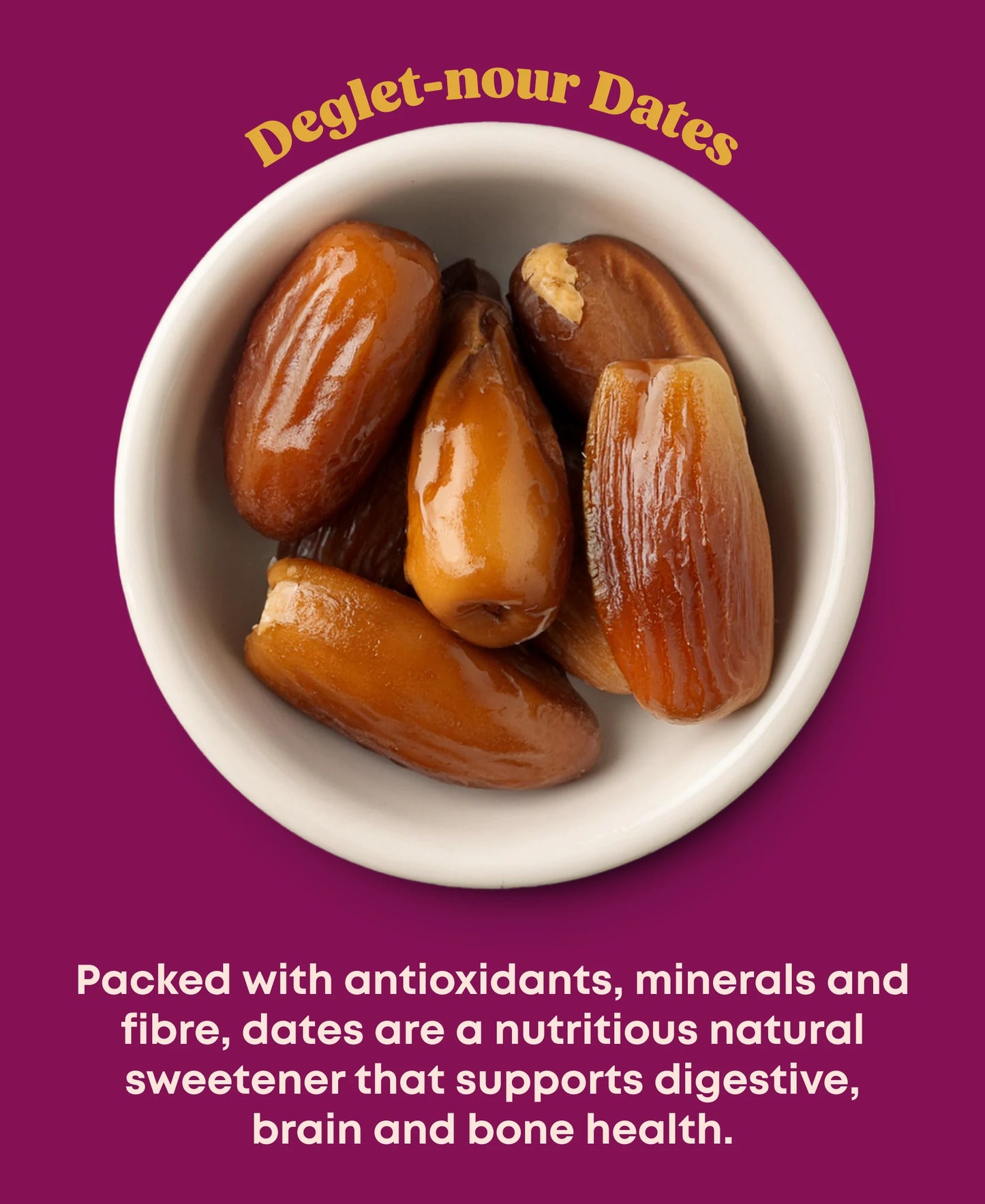 A small white bowl of dates and description of health benefits.