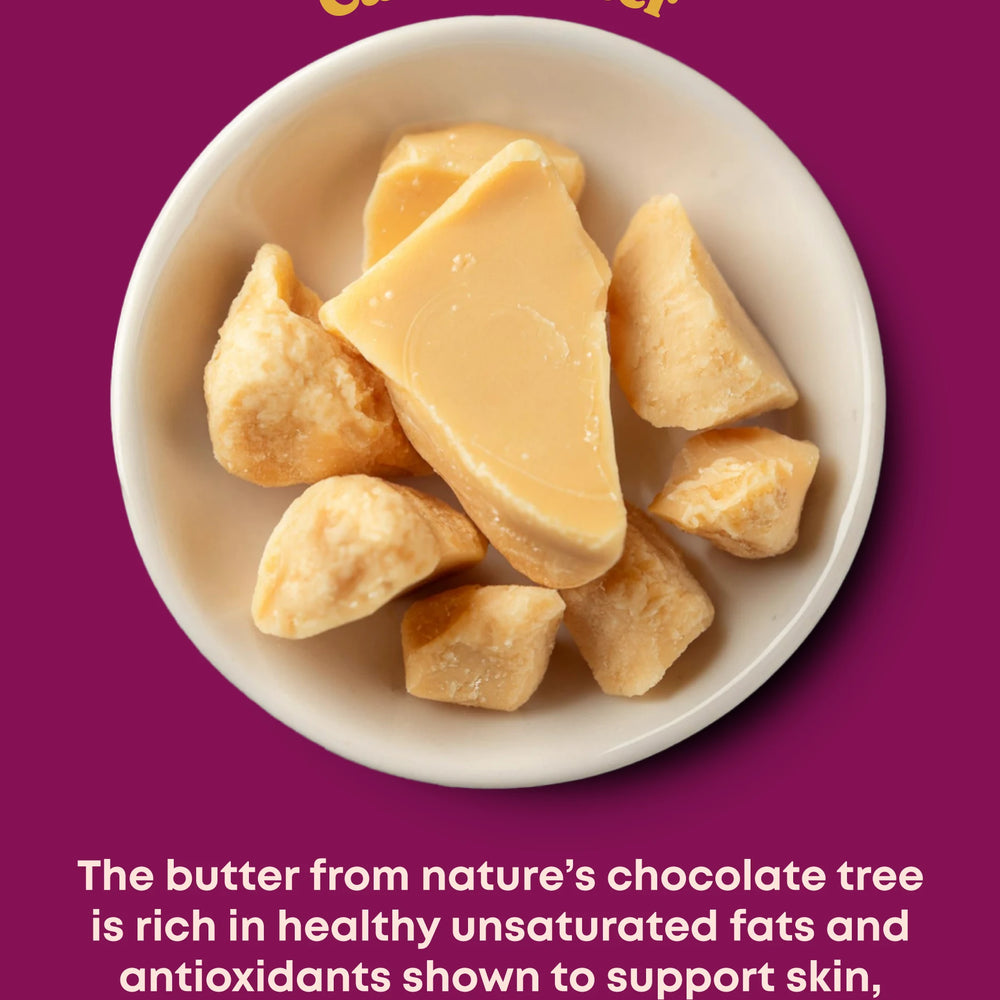 A small white bowl of organic raw cacao butter and description of health benefits.