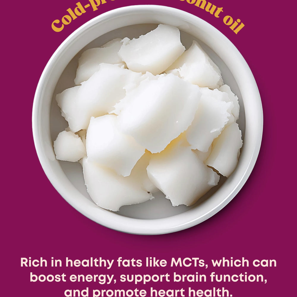 A small white bowl of cold-pressed organic extra virgin coconut oil and description of health benefits.