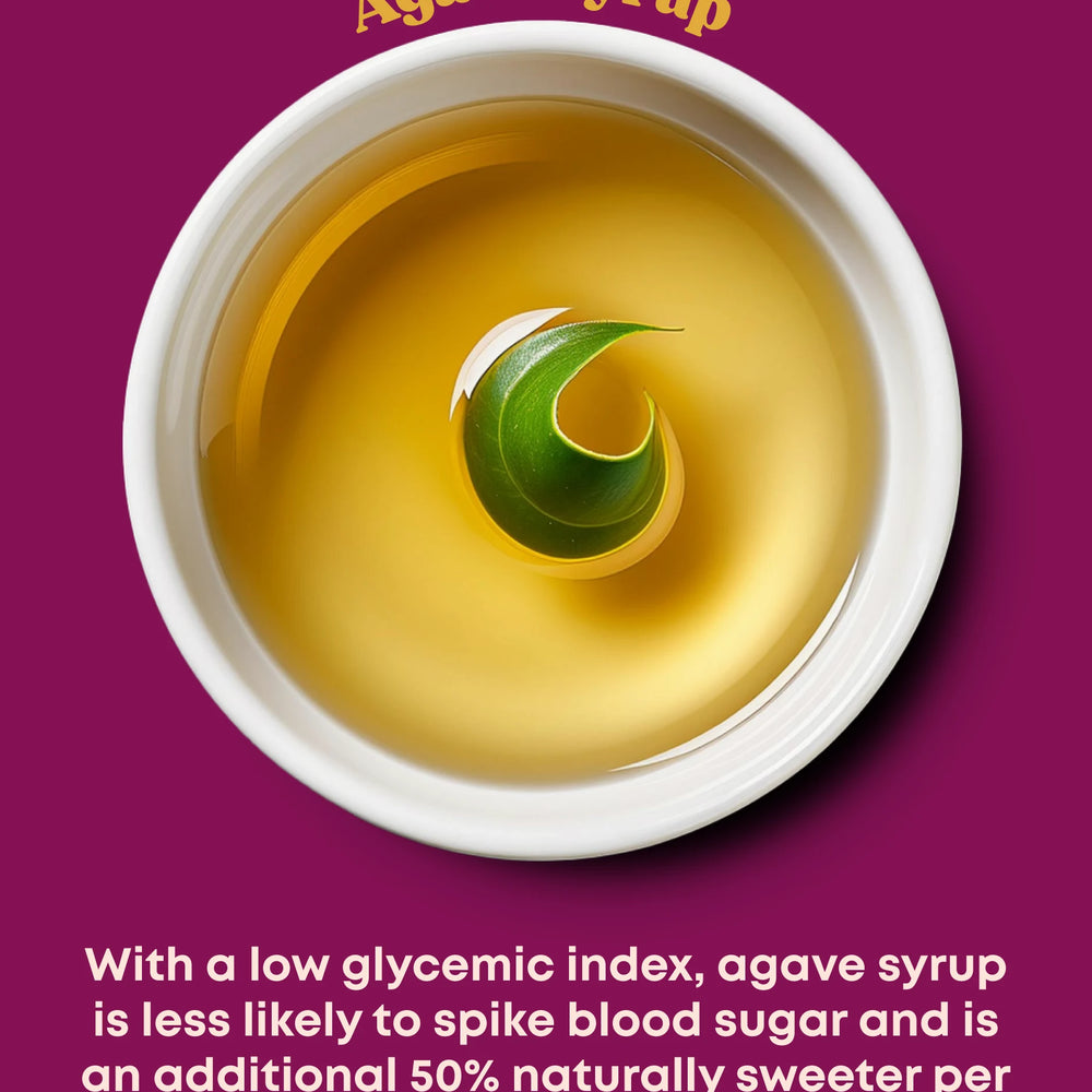 A small white bowl of agave syrup and description of health benefits.