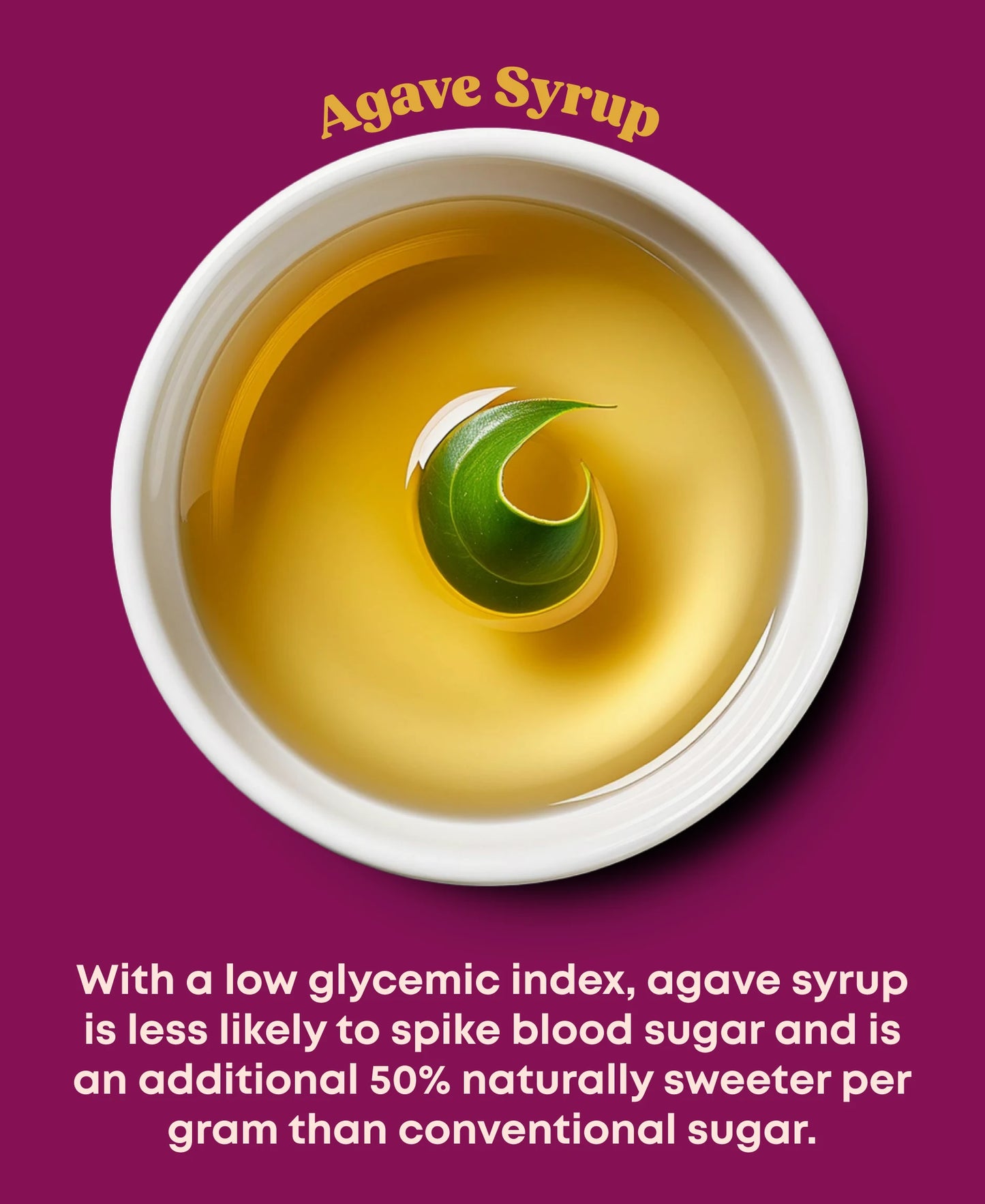 A small white bowl of agave syrup and description of health benefits.