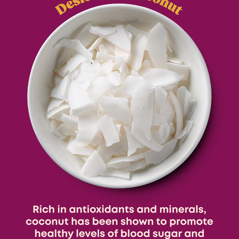 A small white bowl of desiccated coconut and description of health benefits.