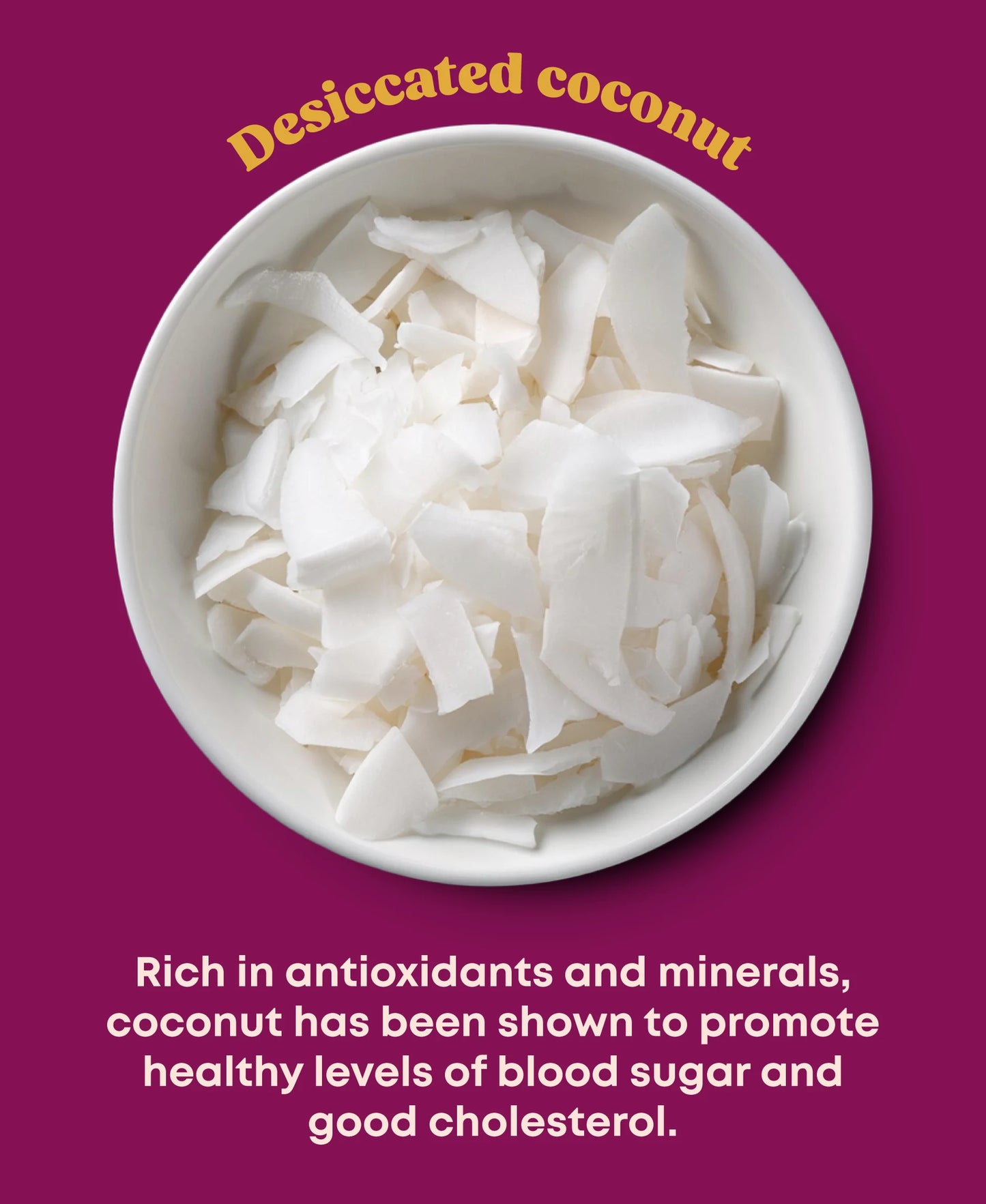 A small white bowl of desiccated coconut and description of health benefits.