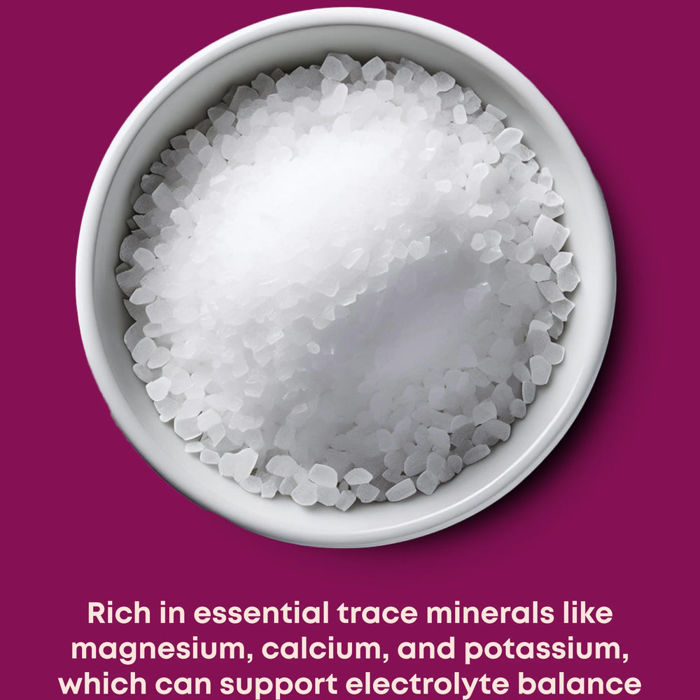 A small white bowl of sea salt and description of health benefits.