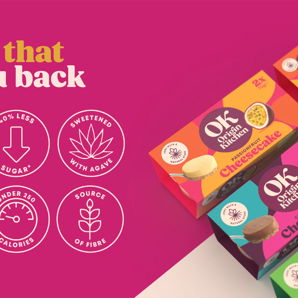 Healthy natural dairy-free cheesecakes in colourful packaging alongside badge credentials 