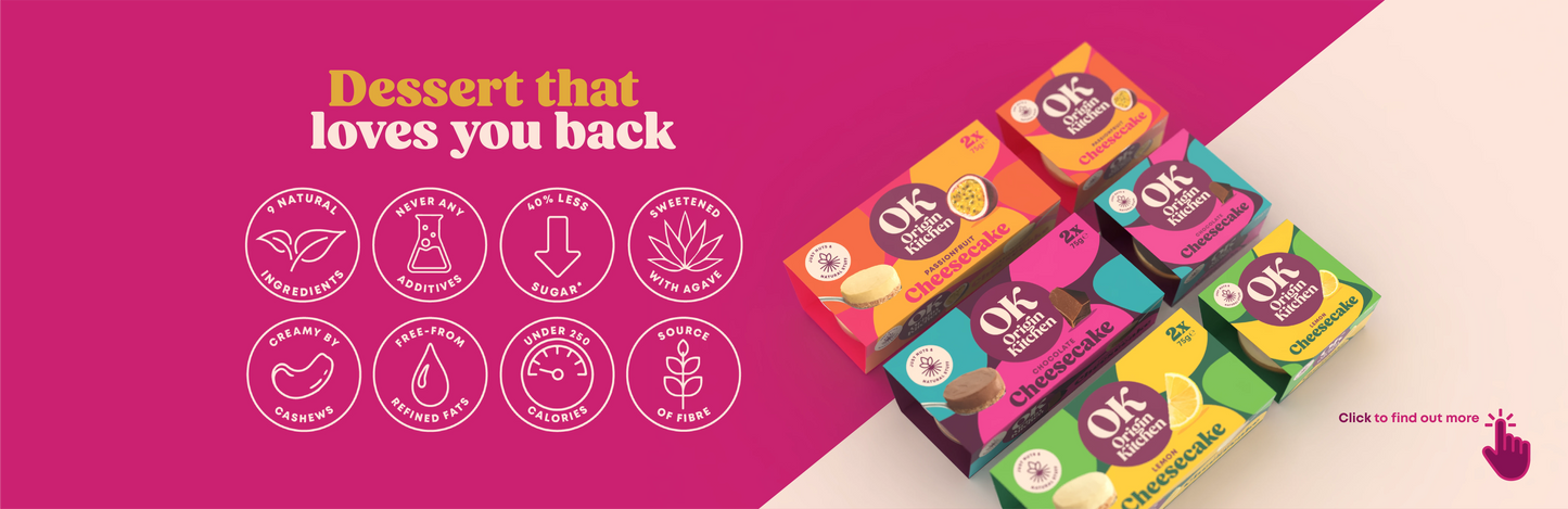 Healthy natural dairy-free cheesecakes in colourful packaging alongside badge credentials 