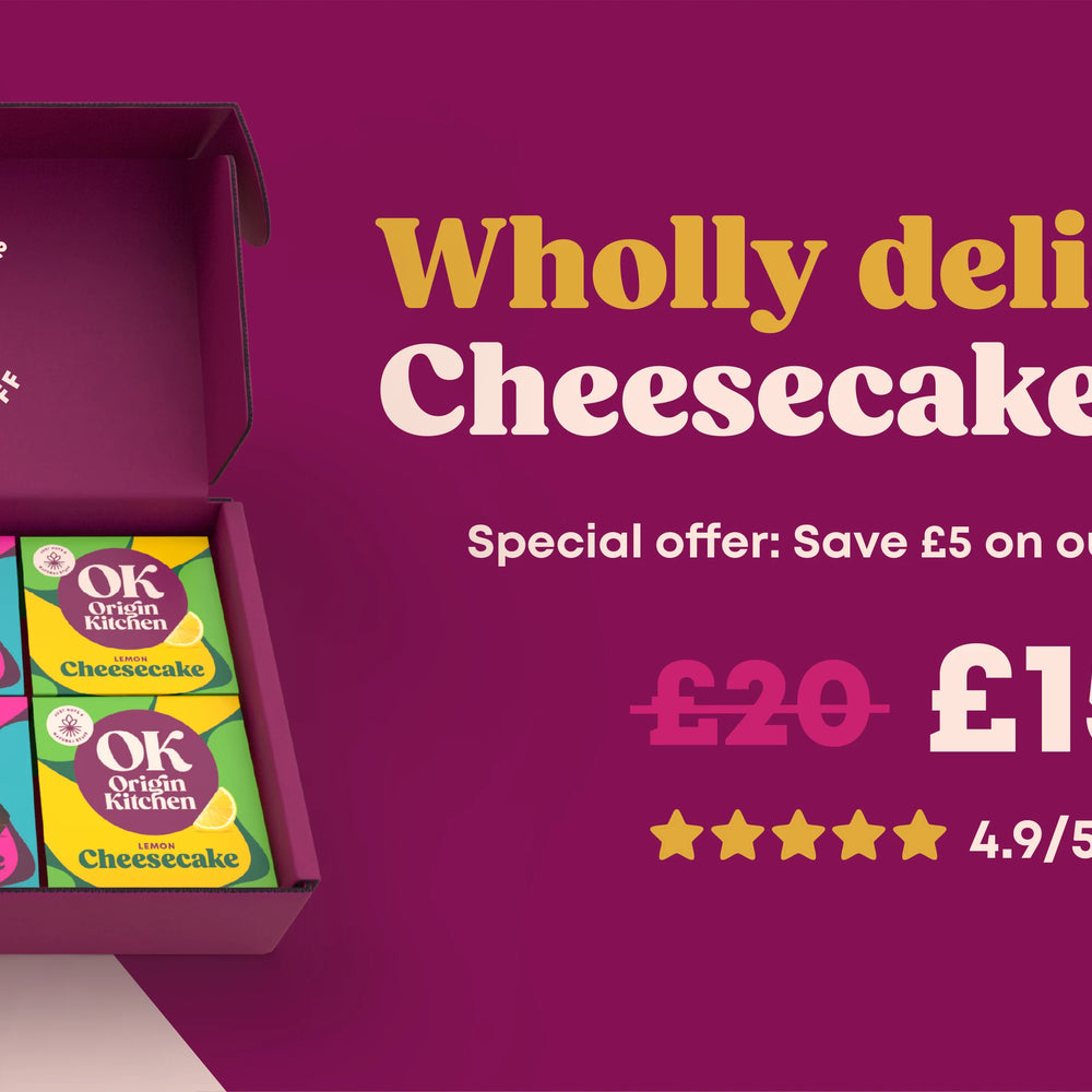 Open 6 box of Origin Kitchen healthy, natural, plant-based cheesecakes and details of special offer, discount, sale.