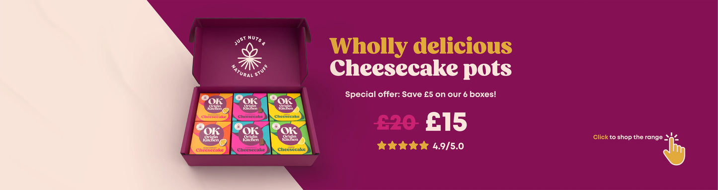 Open 6 box of Origin Kitchen healthy, natural, plant-based cheesecakes and details of special offer, discount, sale.