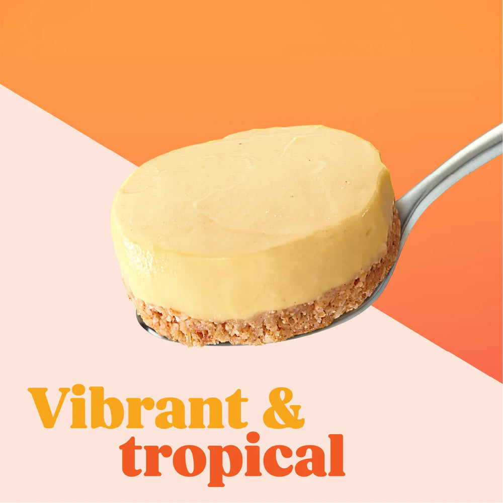 
                  
                    Healthy, natural, dairy-free, low sugar, high fibre, passionfruit cheesecake on a spoon
                  
                